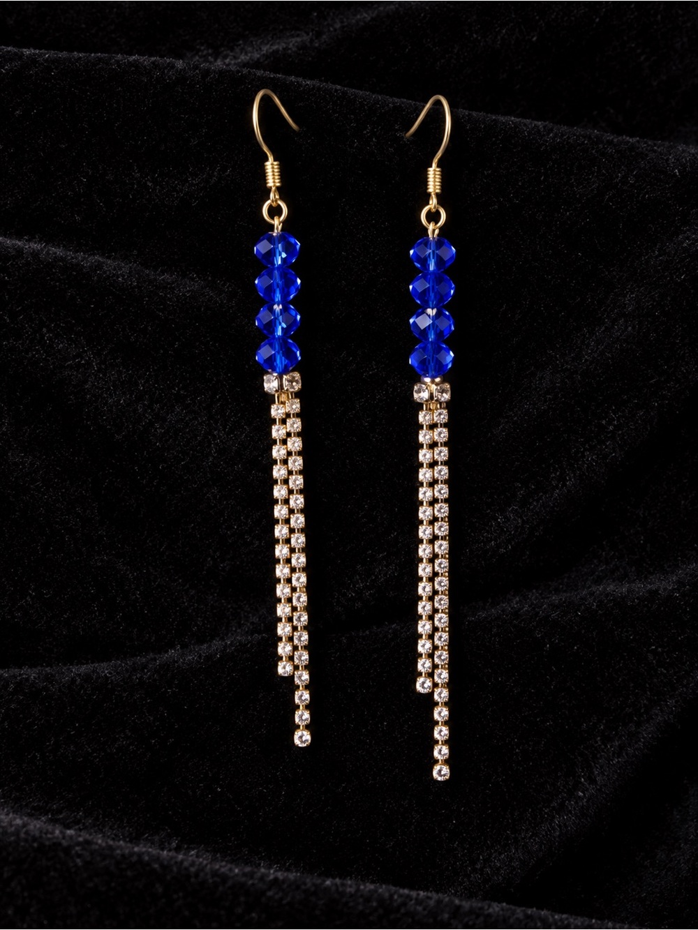 Sparkling Blue Faceted Beads and Rhinestones Gold Color Long Dangle Earrings